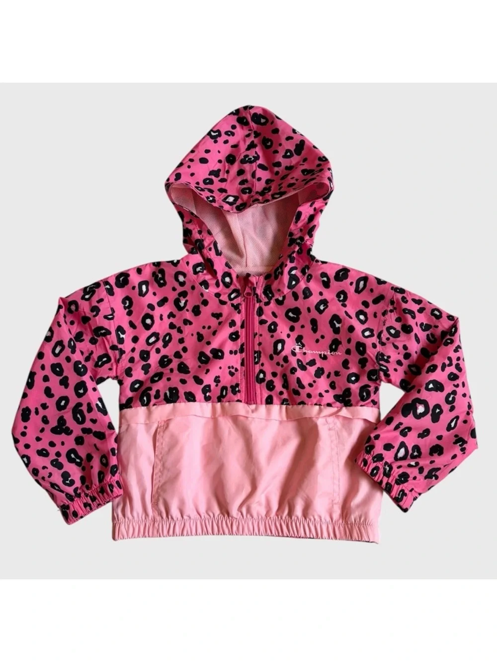 Champion Girls Pink Black Leopard Hooded Windbreaker Jacket Size 4T Lightweight